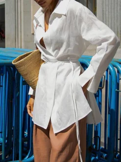 Cotton & Linen Long Sleeve Tied Blouse