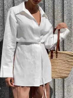 Cotton & Linen Long Sleeve Tied Blouse