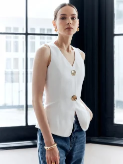 Cotton & Linen Metal Button Solid Vest