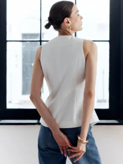 Cotton & Linen Metal Button Solid Vest