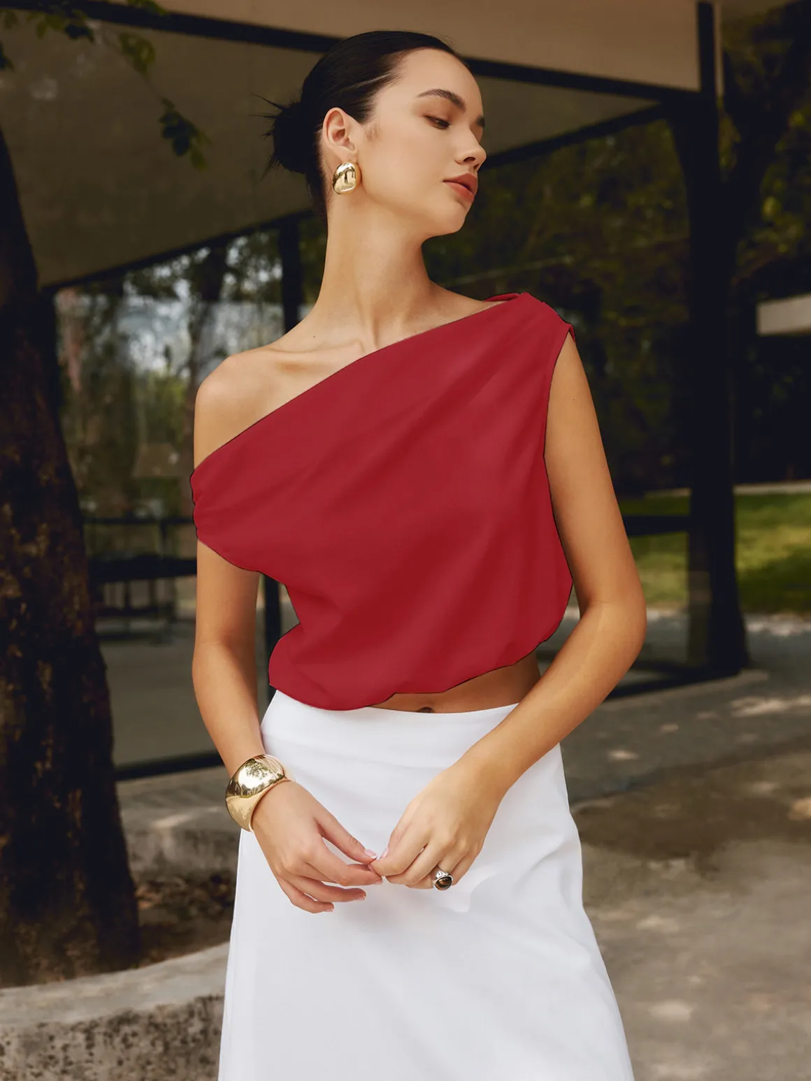 Cotton & Linen One Shoulder Off Blouse