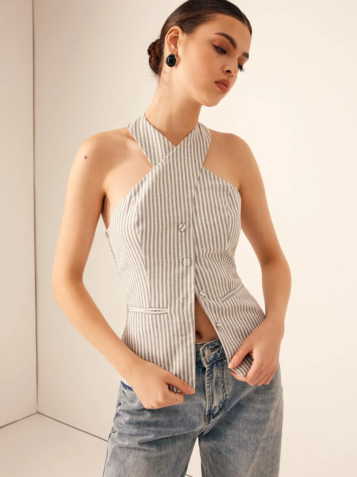 Cotton & Linen Pinstripe Slim Halter Top