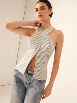 Cotton & Linen Pinstripe Slim Halter Top