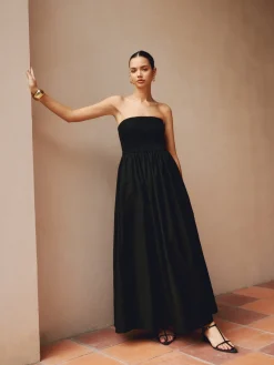 Cotton & Linen Pleat Strapless Long Dress