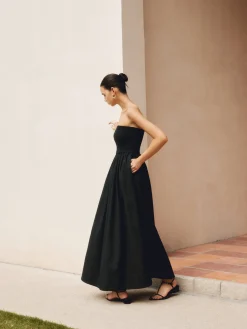 Cotton & Linen Pleat Strapless Long Dress