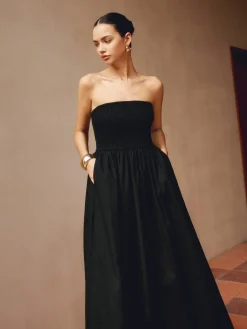 Cotton & Linen Pleat Strapless Long Dress