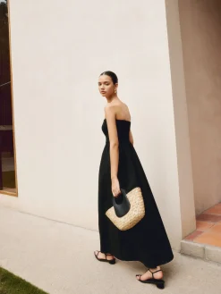 Cotton & Linen Pleat Strapless Long Dress