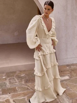 Cotton & Linen V-Neck Ruffle Trim Long Dress