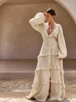 Cotton & Linen V-Neck Ruffle Trim Long Dress