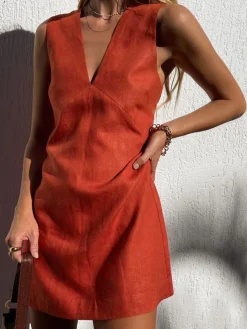 Cotton & Linen V-Neck Short Dress
