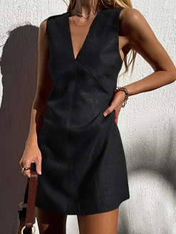 Cotton & Linen V-Neck Short Dress