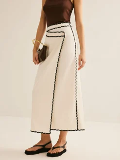 Cotton & Linen Wave Trim Midi Skirt