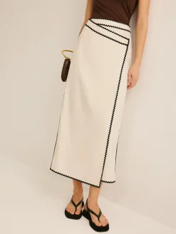 Cotton & Linen Wave Trim Midi Skirt