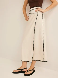 Cotton & Linen Wave Trim Midi Skirt