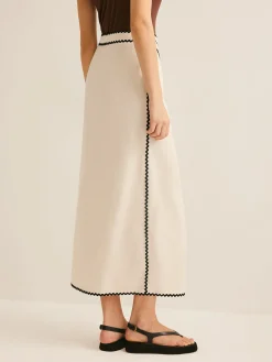 Cotton & Linen Wave Trim Midi Skirt