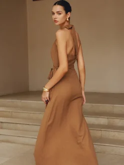 Cotton & Linen Wrap Halter Knotted Long Dress