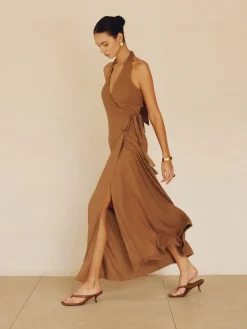 Cotton & Linen Wrap Halter Knotted Long Dress