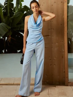Cotton Backless Halter Funnel Neck Pants Set