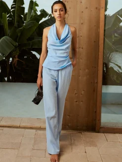Cotton Backless Halter Funnel Neck Pants Set