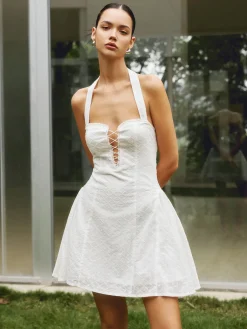 Cotton Backless Tie Up Halter Short Dress