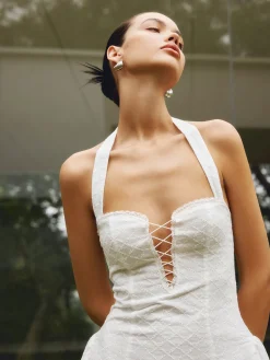 Cotton Backless Tie Up Halter Short Dress
