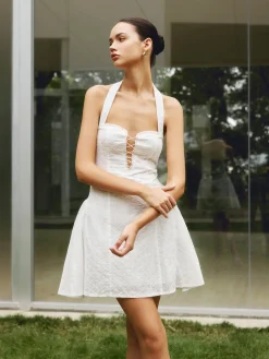 Cotton Backless Tie Up Halter Short Dress