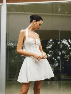 Cotton Backless Tie Up Halter Short Dress