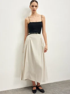Cotton Blends Pleated Skirt Without Belt