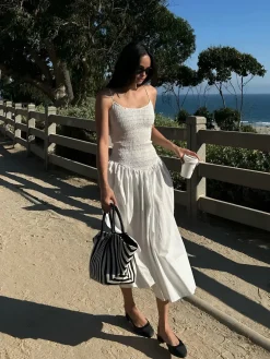 Cotton Blends Shirred Cami Midi Dress