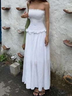 Cotton Blends Shirred Tube Long Dress
