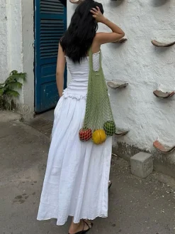Cotton Blends Shirred Tube Long Dress