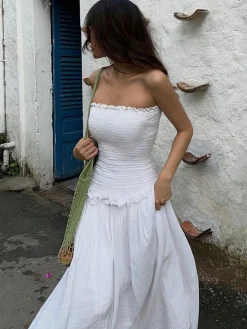 Cotton Blends Shirred Tube Long Dress