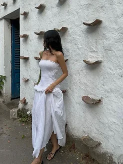 Cotton Blends Shirred Tube Long Dress