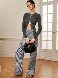 Cotton Contrast Binding Pinstripe Pants