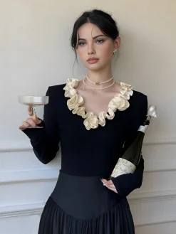 Cotton Floral Trim Slim Blouse