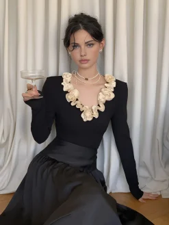 Cotton Floral Trim Slim Blouse