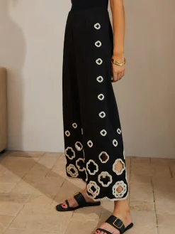 Cotton Hollow Embroidered Cropped Pants