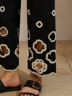 Cotton Hollow Embroidered Cropped Pants