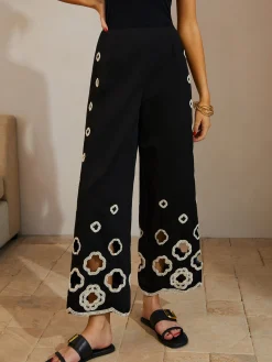 Cotton Hollow Embroidered Cropped Pants