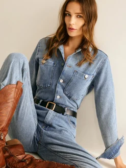 Cotton Long Sleeve Denim Jumpsuit Without Belt