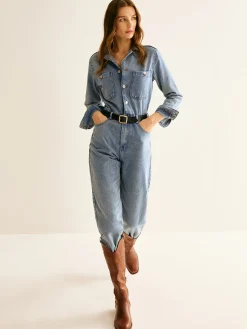 Cotton Long Sleeve Denim Jumpsuit Without Belt