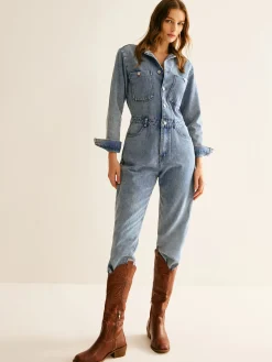Cotton Long Sleeve Denim Jumpsuit Without Belt
