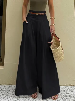Cotton Pleated Wide Leg Pants