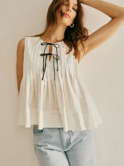 Cotton Ruffle Pleated Tie Front Blouse