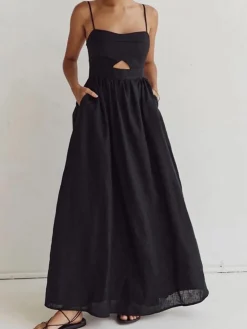 Cotton Sleeveless Pockets Cutout Long Dress