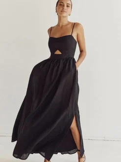 Cotton Sleeveless Pockets Cutout Long Dress