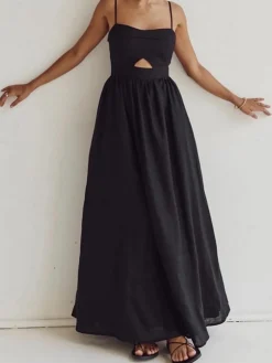 Cotton Sleeveless Pockets Cutout Long Dress