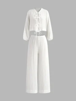 Cotton Tie Front Pants Set