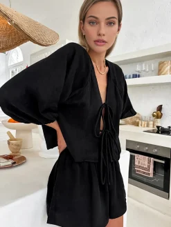 Cotton Tie-Front Long Sleeve Shorts Set