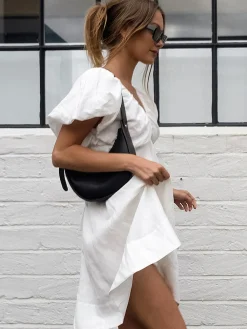 Cotton V-Neck Puff Sleeves Backless Dress